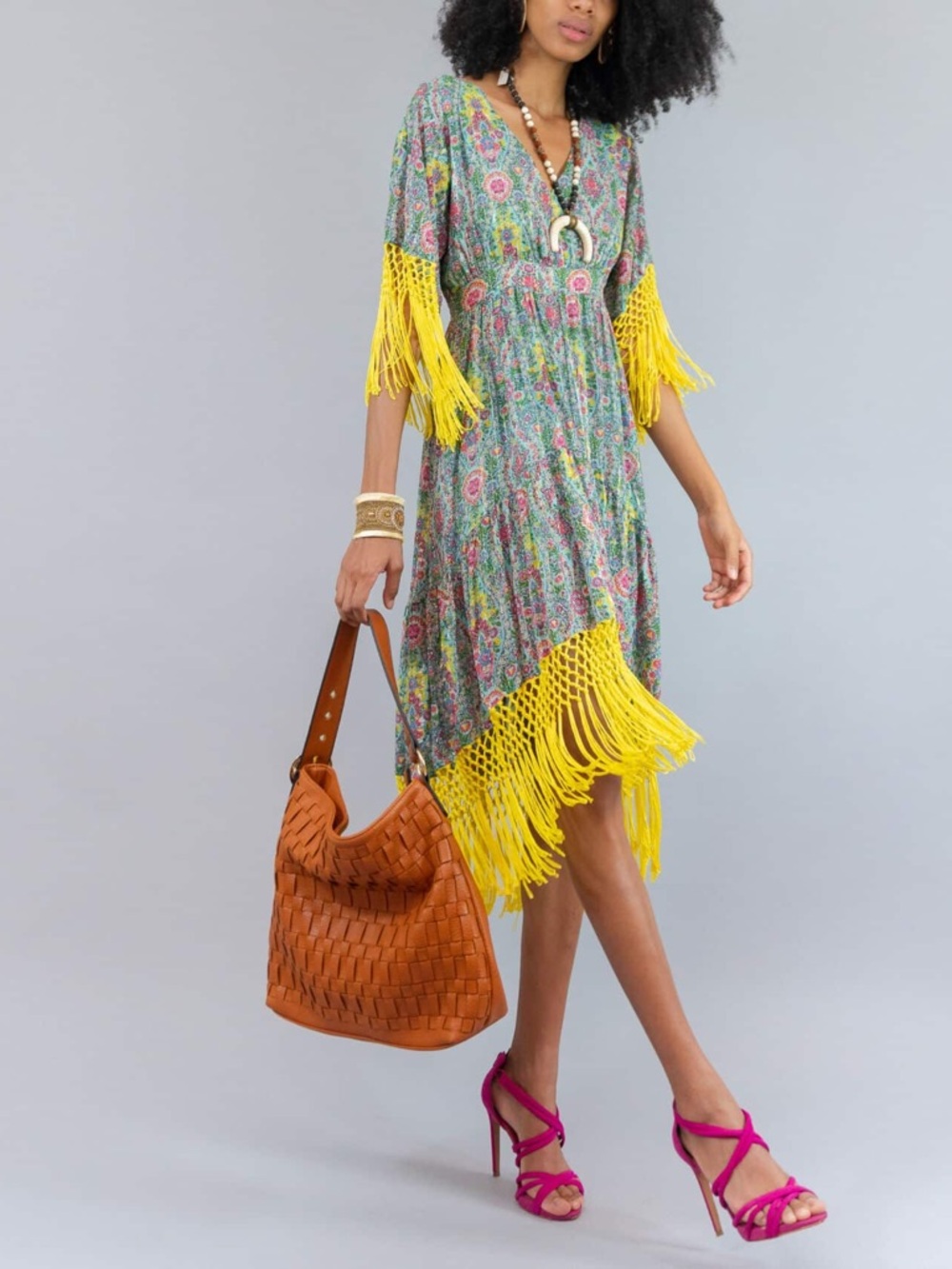 Boho High-Low Fringe Dress with Yellow Trim VGUC